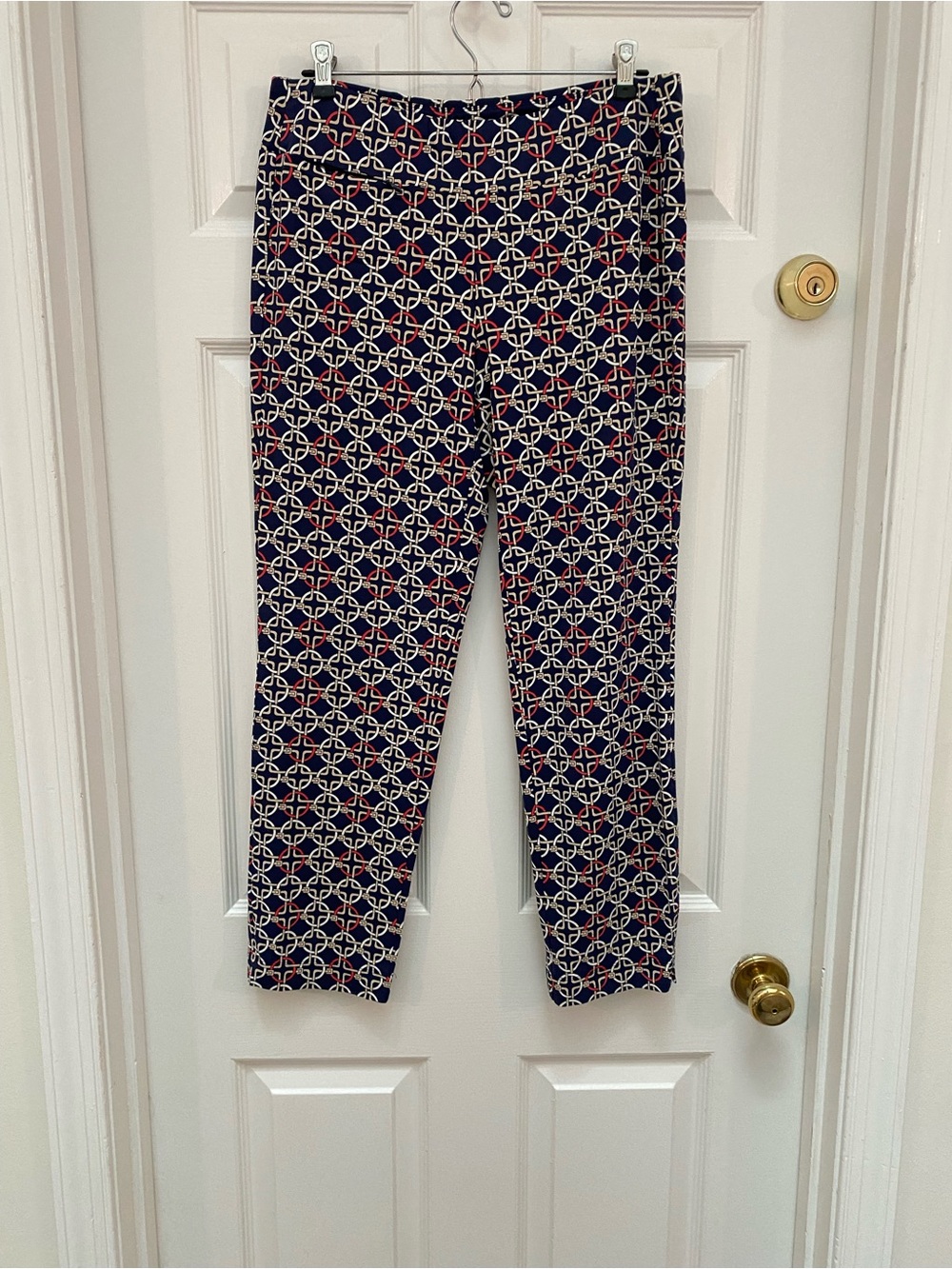 J. McLaughlin Navy Geometric Ankle Pants with Red Accents